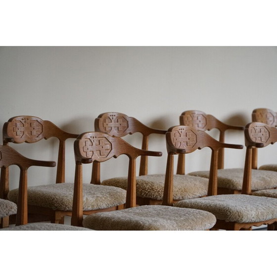 Image 1 of Set of 10 vintage dining chairs in oakwood and reupholstered in lambswool by Henning Kjærnulf, 1960s