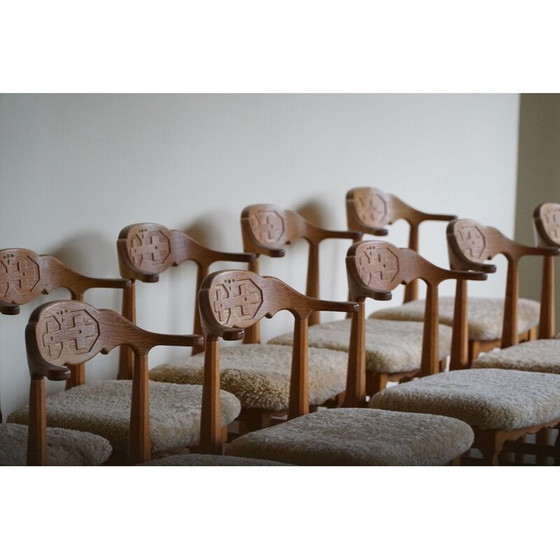 Image 1 of Set of 10 vintage dining chairs in oakwood and reupholstered in lambswool by Henning Kjærnulf, 1960s