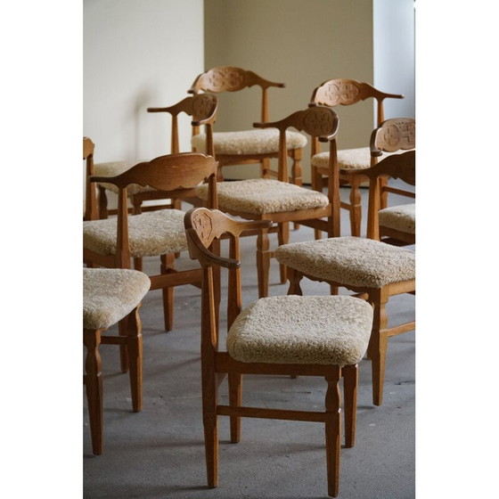 Image 1 of Set of 10 vintage dining chairs in oakwood and reupholstered in lambswool by Henning Kjærnulf, 1960s