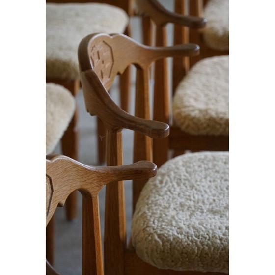 Image 1 of Set of 10 vintage dining chairs in oakwood and reupholstered in lambswool by Henning Kjærnulf, 1960s