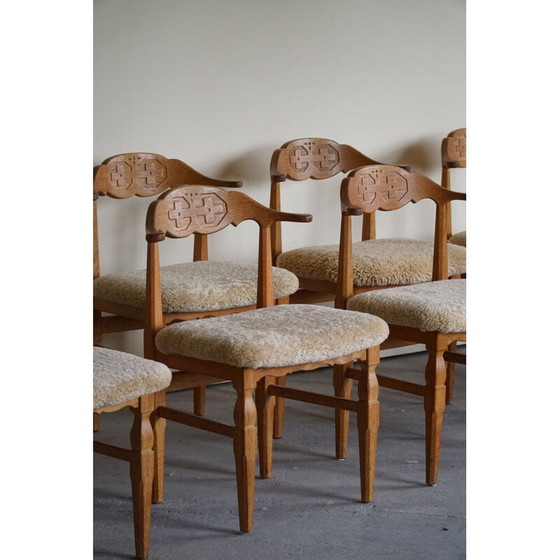 Image 1 of Set of 10 vintage dining chairs in oakwood and reupholstered in lambswool by Henning Kjærnulf, 1960s