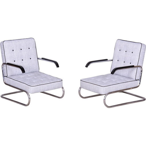 Pair of vintage Bauhaus armchairs in chrome-plated steel tube and wood for Mücke-Melder, Czechoslovakia 1930