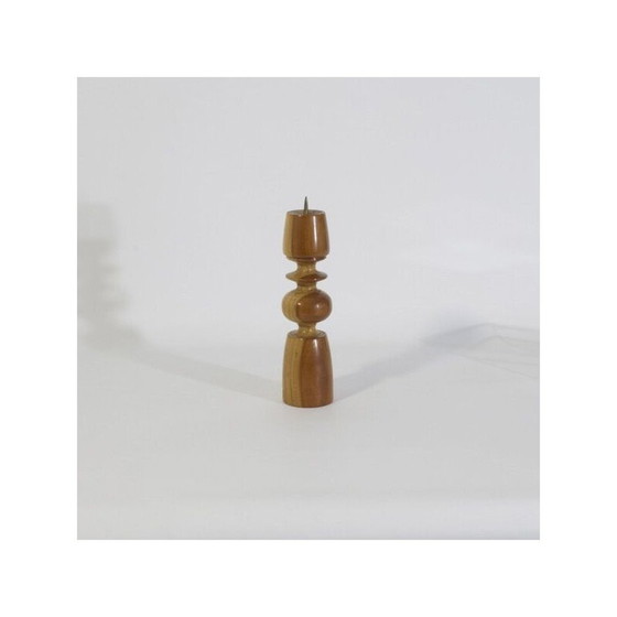 Image 1 of Scandinavian vintage candlestick in solid turned wood and brass