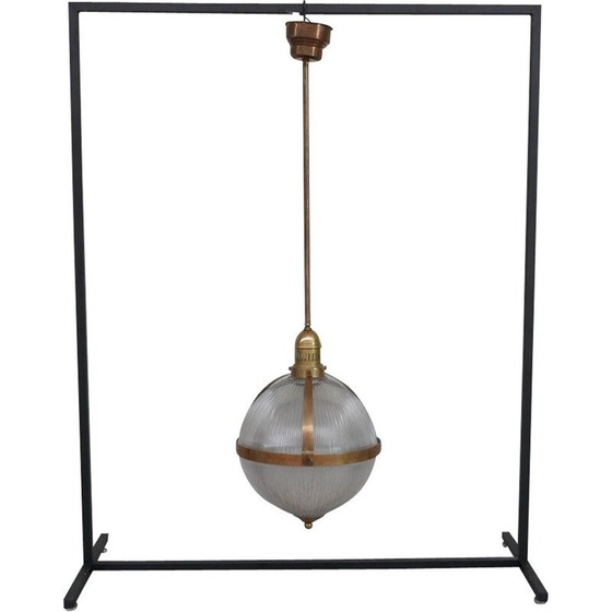 Image 1 of Vintage brass and glass holophane style pendant lamp, France 1970s