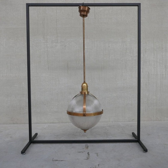 Image 1 of Vintage brass and glass holophane style pendant lamp, France 1970s