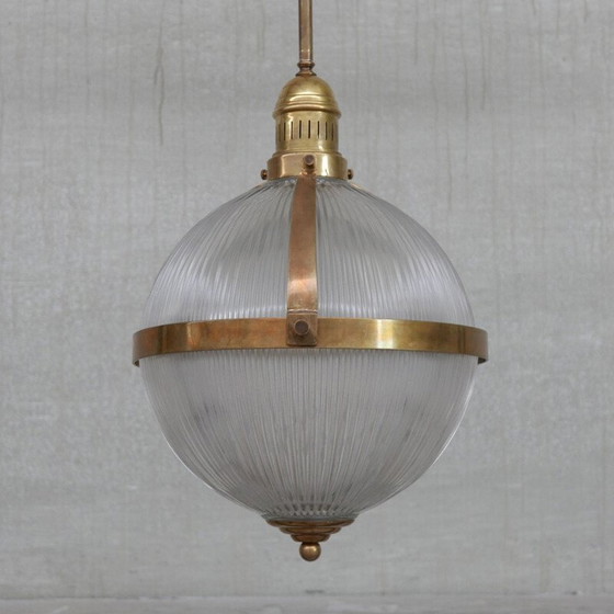 Image 1 of Vintage brass and glass holophane style pendant lamp, France 1970s