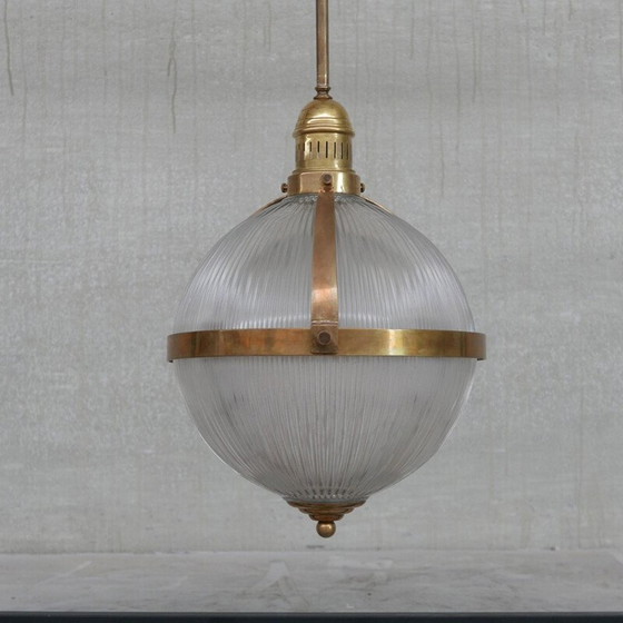 Image 1 of Vintage brass and glass holophane style pendant lamp, France 1970s