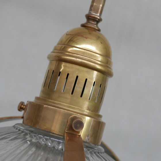 Image 1 of Vintage brass and glass holophane style pendant lamp, France 1970s