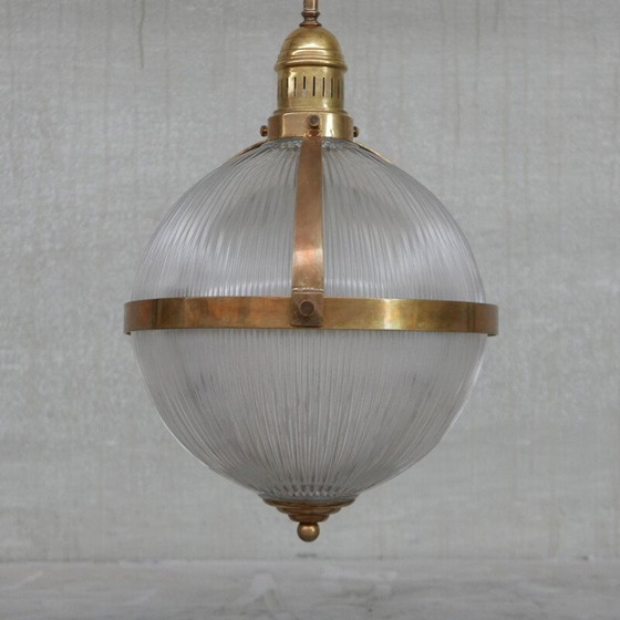 Image 1 of Vintage brass and glass holophane style pendant lamp, France 1970s