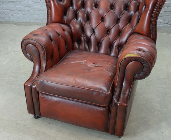 Image 1 of Chesterfield Style Tufted Oxblood Red Leather Lounge Wingchair, England, 1950s. Ref.: CH218