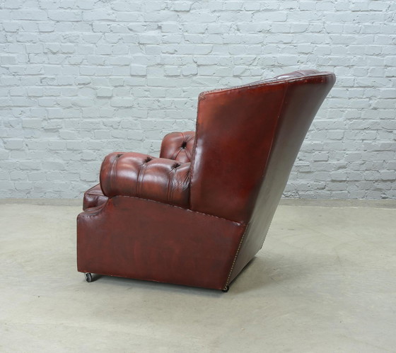 Image 1 of Chesterfield Style Tufted Oxblood Red Leather Lounge Wingchair, England, 1950s. Ref.: CH218