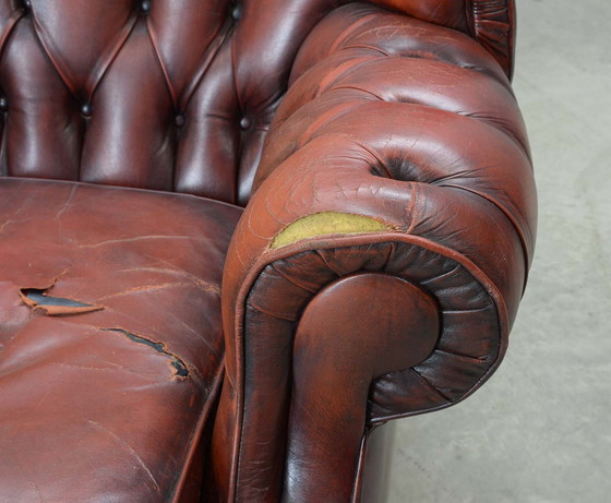 Image 1 of Chesterfield Style Tufted Oxblood Red Leather Lounge Wingchair, England, 1950s. Ref.: CH218