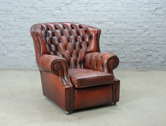 Image 1 of Chesterfield Style Tufted Oxblood Red Leather Lounge Wingchair, England, 1950s. Ref.: CH218