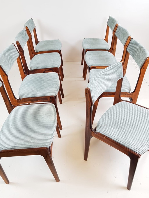 8 Danish Erik Buch chairs, light blue rib dinner chairs