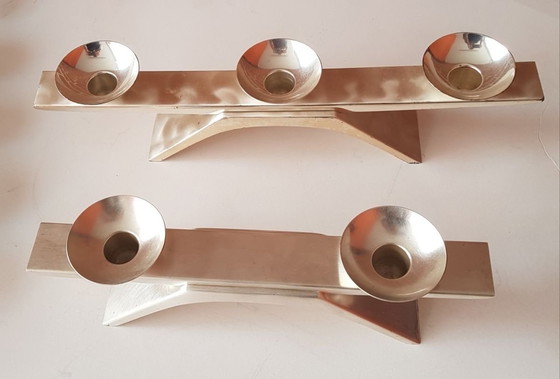 Image 1 of 2X Ikora Silver-Plated Candleholders By Radke Kurt For Wmf, 1960S