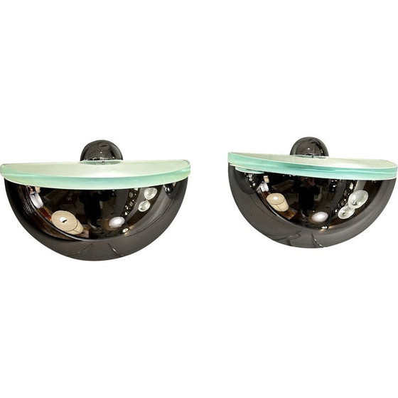 Image 1 of Pair of vintage glass and chrome metal wall lamp for Fontana Arte, 1970