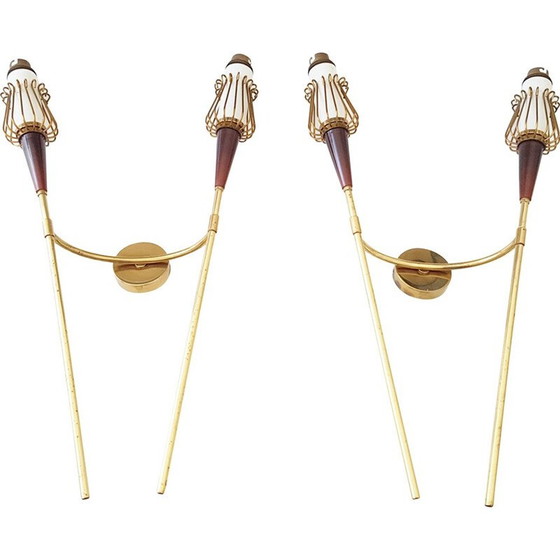 Image 1 of Pair of vintage brass and resin wall lamps for Lunel, 1950