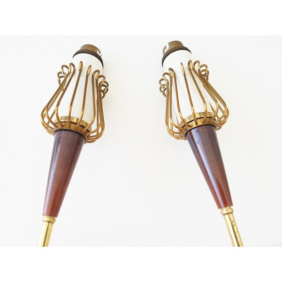 Image 1 of Pair of vintage brass and resin wall lamps for Lunel, 1950