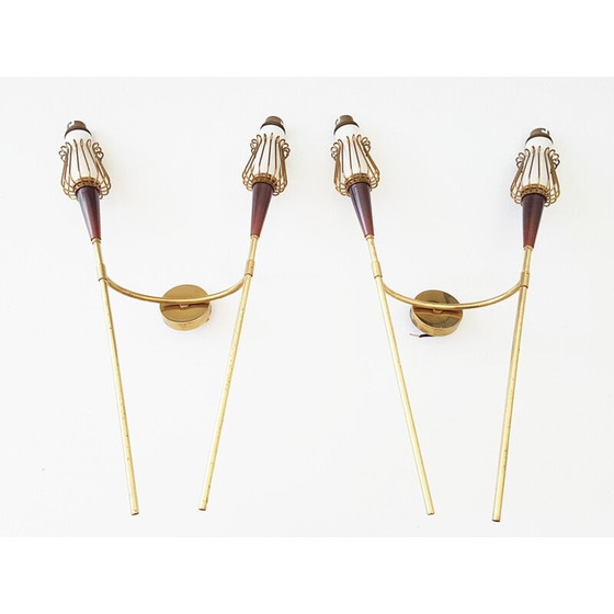 Image 1 of Pair of vintage brass and resin wall lamps for Lunel, 1950