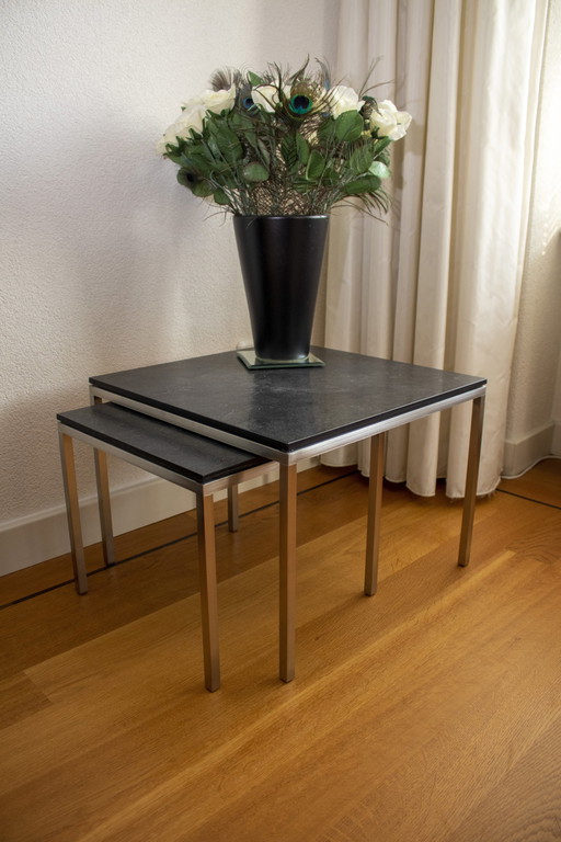 Set Of 3 Side Tables Of Stainless Steel And Stone