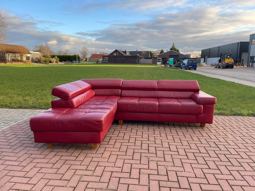 Red Real Leather Corner Sofa