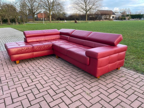 Image 1 of Red Real Leather Corner Sofa