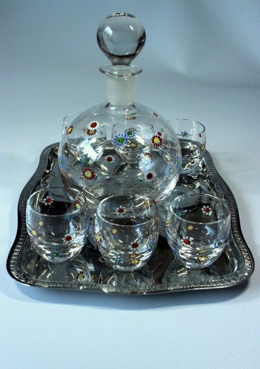 Liqueur set - 6 liqueur glasses with carafe - Vintage from the 70s