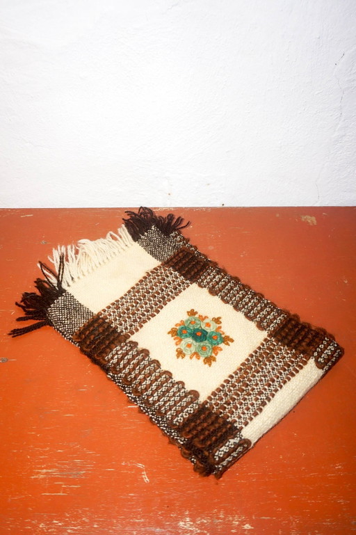 Vintage 1970S Woven Wall Hanging Or Table Runner * Folk Art Scandinavian Style * Handwoven With Floral Embroidery * Brown & Crea