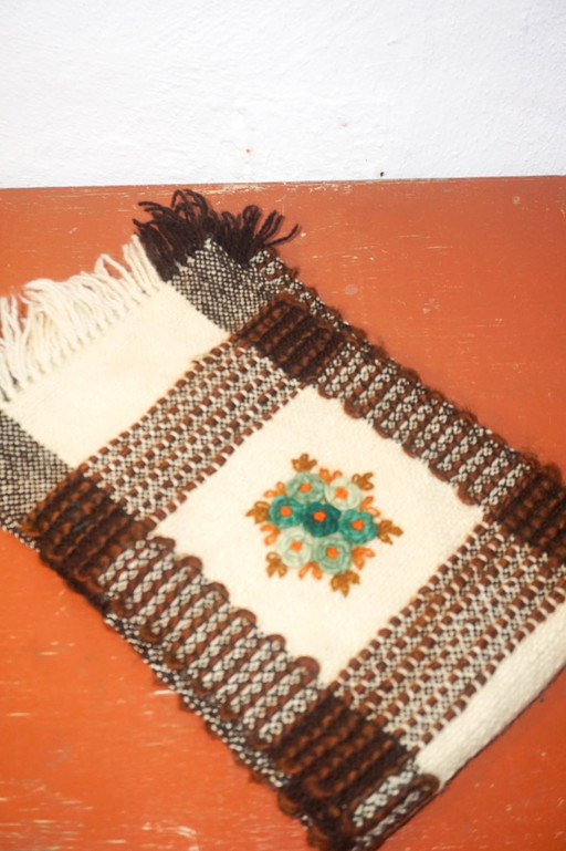 Vintage 1970S Woven Wall Hanging Or Table Runner * Folk Art Scandinavian Style * Handwoven With Floral Embroidery * Brown & Crea