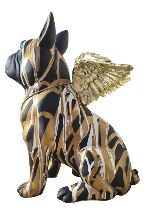 Bulldog Dog Statue With Wings, Black Gilded And White Resin.