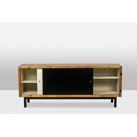 Image 1 of Vintage rectangular sideboard in solid pitch pine and black lacquered metal, Netherlands 1970
