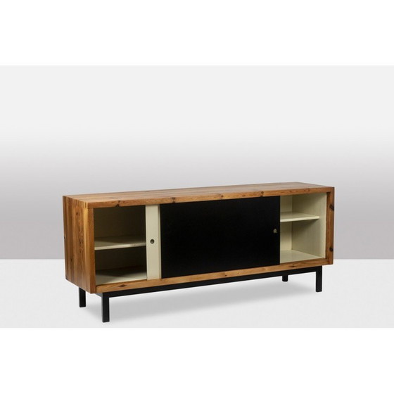 Image 1 of Vintage rectangular sideboard in solid pitch pine and black lacquered metal, Netherlands 1970