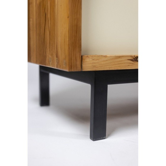 Image 1 of Vintage rectangular sideboard in solid pitch pine and black lacquered metal, Netherlands 1970