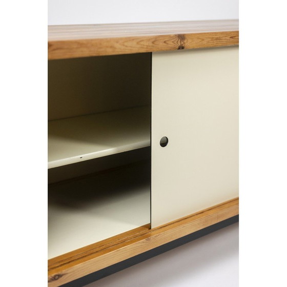 Image 1 of Vintage rectangular sideboard in solid pitch pine and black lacquered metal, Netherlands 1970