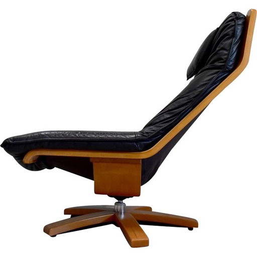 Vintage leather and beech armchair, 1970s