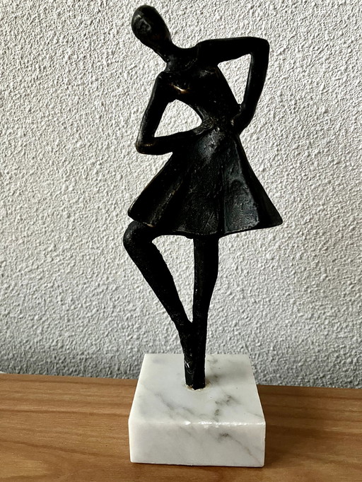 Bronze Statue Ballerina - On White Marble Base.