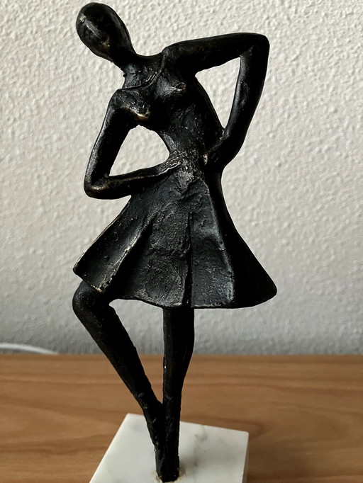 Bronze Statue Ballerina - On White Marble Base.