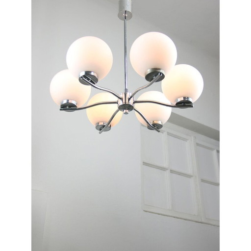 Vintage chandelier in chrome steel and opaline glass, Italy 1970