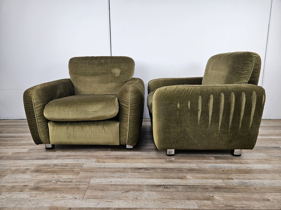 Image 1 of Pair Of Vintage Armchairs From The 70S In Green Fabric, 1970