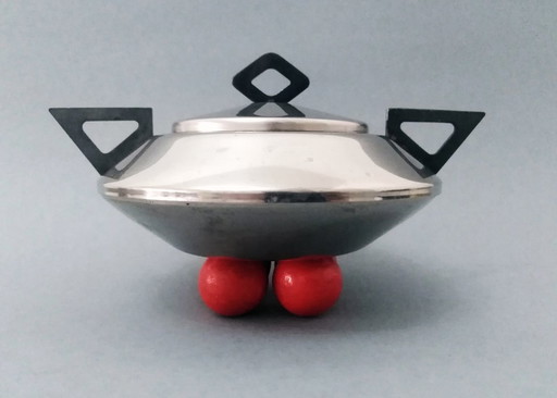 Space-Age/Postmodern Metal Sugar Bowl With Lid On 4 Red Balls On Legs 1980S