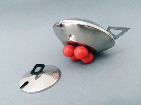 Image 1 of Space-Age/Postmodern Metal Sugar Bowl With Lid On 4 Red Balls On Legs 1980S