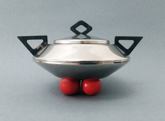 Image 1 of Space-Age/Postmodern Metal Sugar Bowl With Lid On 4 Red Balls On Legs 1980S