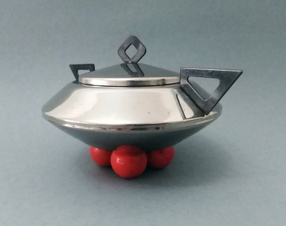 Image 1 of Space-Age/Postmodern Metal Sugar Bowl With Lid On 4 Red Balls On Legs 1980S