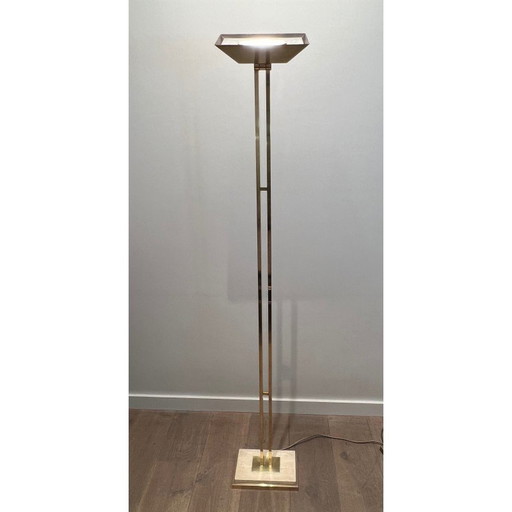 Vintage parquet floor lamp in brass and travertine, France 1970