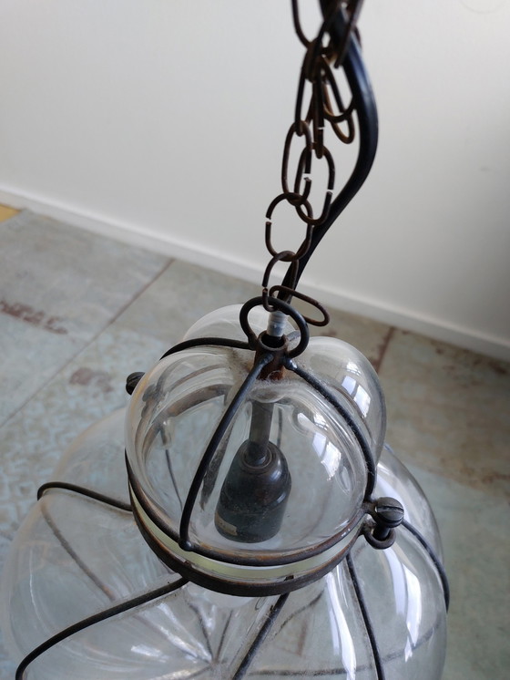 Image 1 of Italian Venetian hand-blown Wrought Iron Lantern