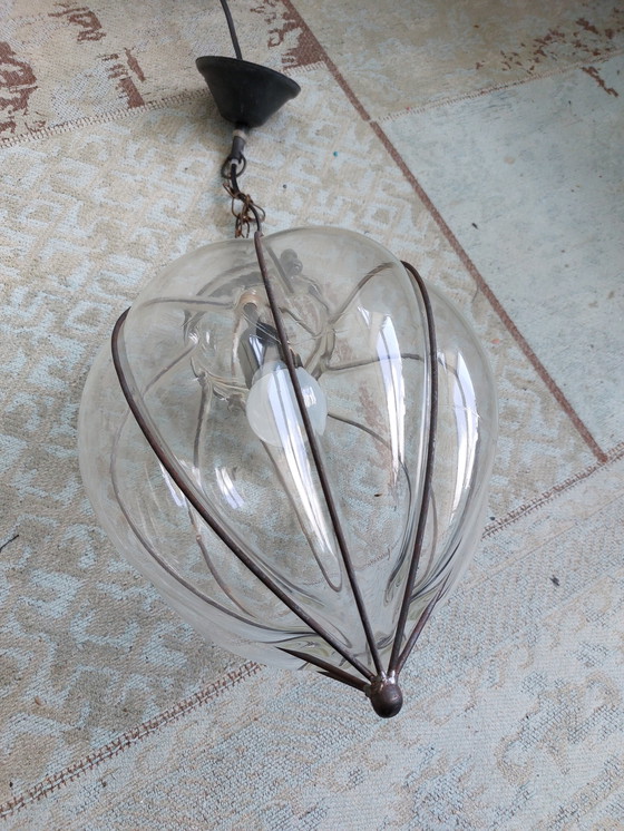 Image 1 of Italian Venetian hand-blown Wrought Iron Lantern