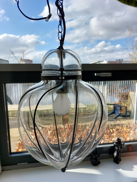 Image 1 of Italian Venetian hand-blown Wrought Iron Lantern