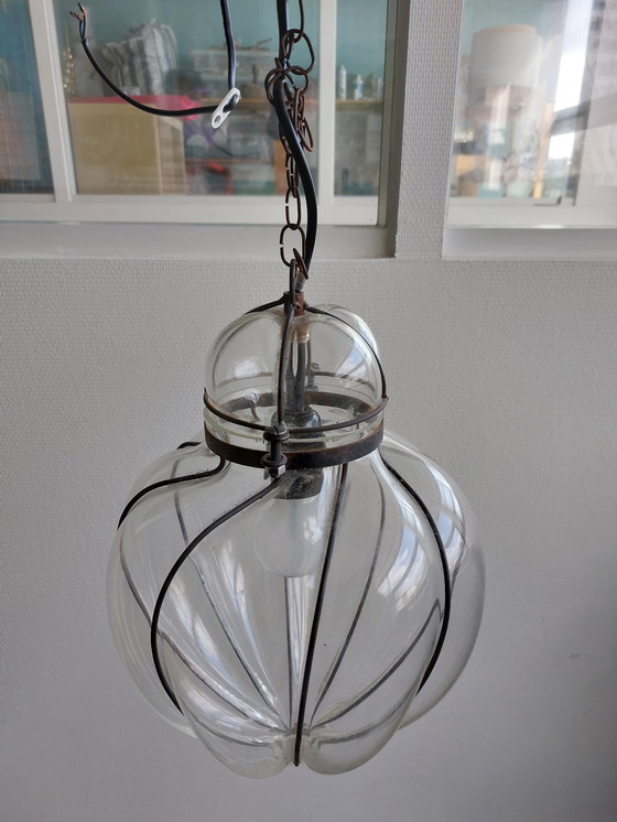 Image 1 of Italian Venetian hand-blown Wrought Iron Lantern