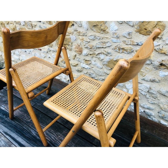 Image 1 of Pair of vintage folding chairs in bentwood and rattan canework for Habitat, 1970-1980