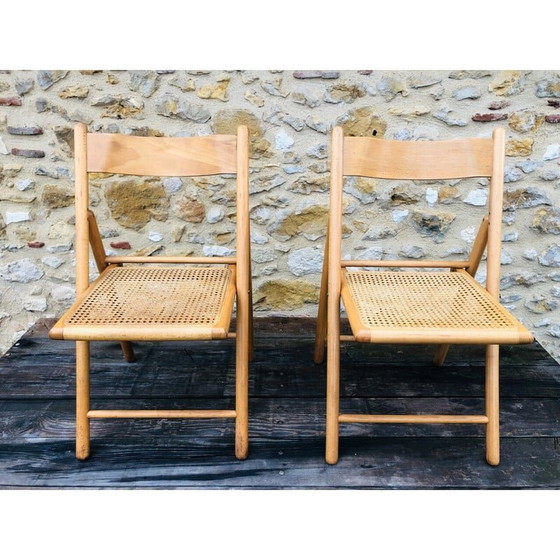 Image 1 of Pair of vintage folding chairs in bentwood and rattan canework for Habitat, 1970-1980